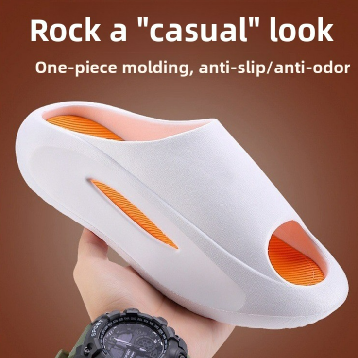 Fashionable Sports Slippers, one piece molding, anti-slip, in black, white, thick, comfortable soles for outdoor/indoor wear.
