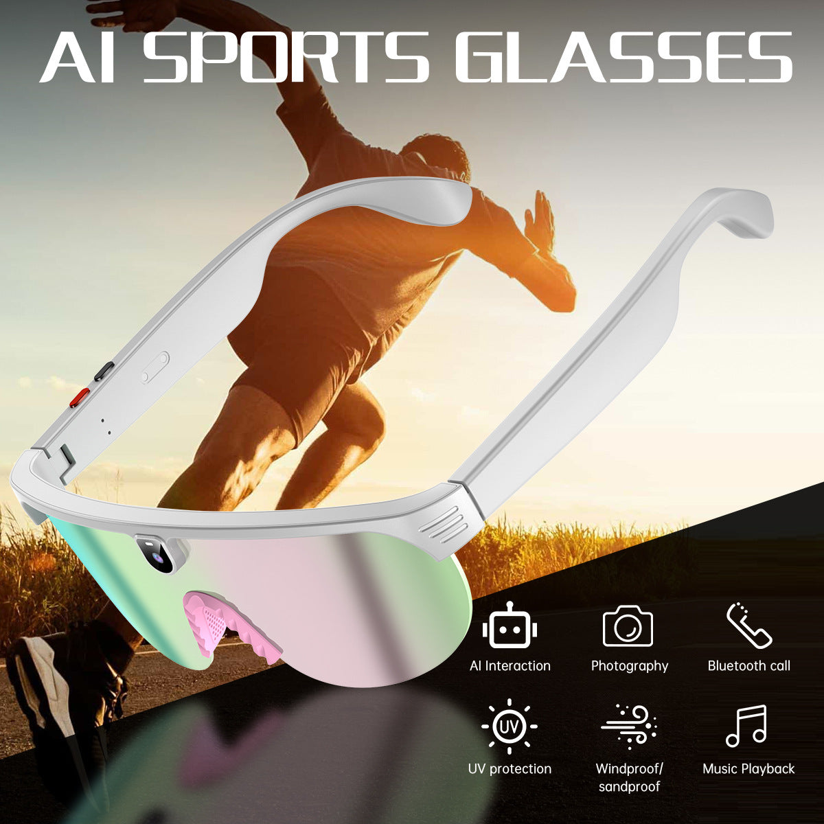 AI Sports Glasses with Camera. AI Integration: Smart glasses with AI capabilities for recording and photography during activities.