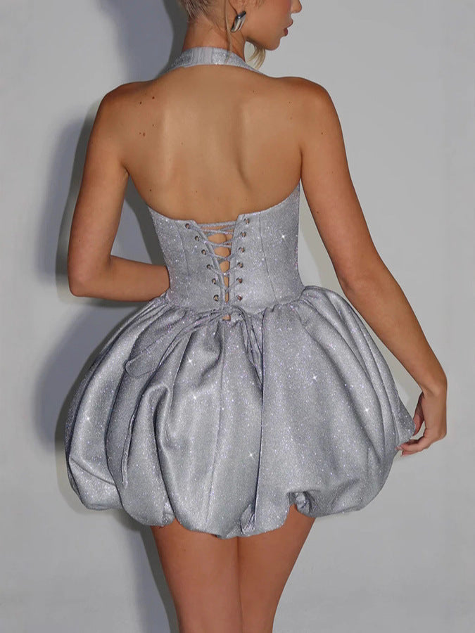 Elegant Sequin Halterneck Dress, secure neckline for a sophisticated look, Sequin Embellishment: Sparkling bead details for a glamorous appearance. 
Lined Interior: High-quality fabric lining for comfort and durability.
