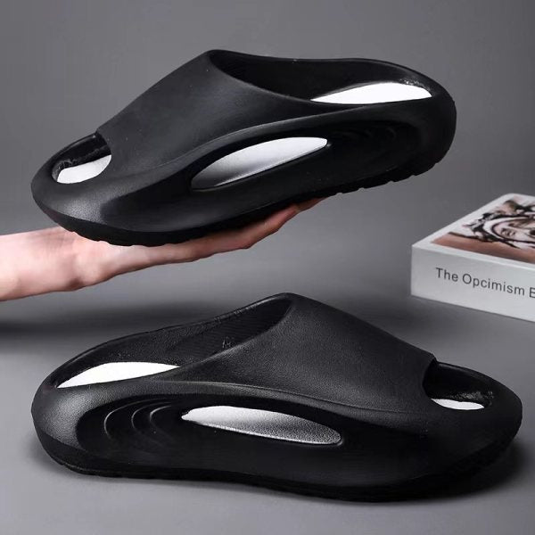 Fashionable Sports Slippers, one piece molding, anti-slip, in black, white, thick, comfortable soles for outdoor/indoor wear.