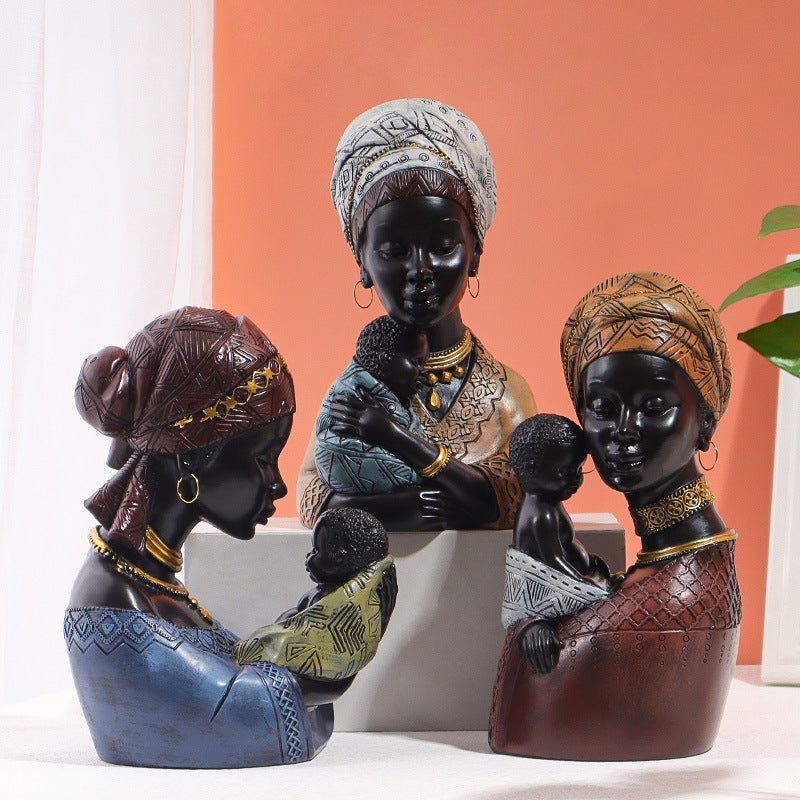 African Mother and Son Resin Statue Vintage Home Decor