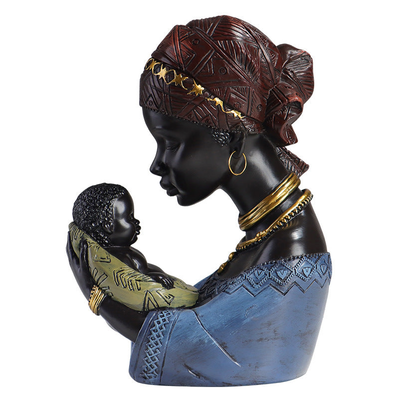 African Mother and Son Resin Statue Vintage Home Decor