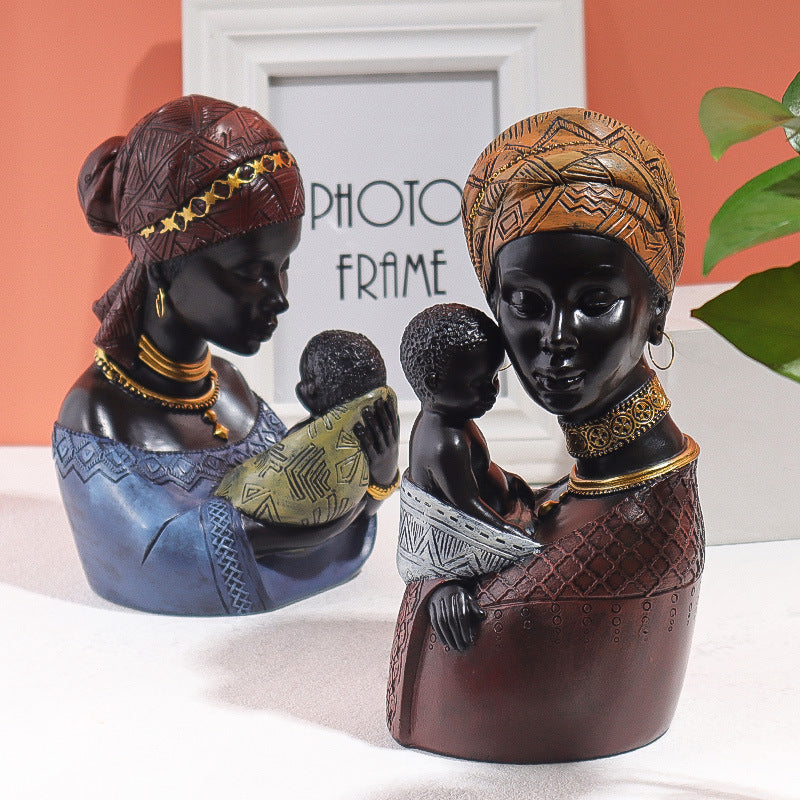 African Mother and Son Resin Statue Vintage Home Decor