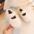 Baby or Childrens Plush Velcro Winter Shoes in cream, white, brown, black. Secure Fit: Adjustable velcro strap for easy wear and stable fit. 
Durable Sole: TPR outsole provides flexibility and long-lasting use.