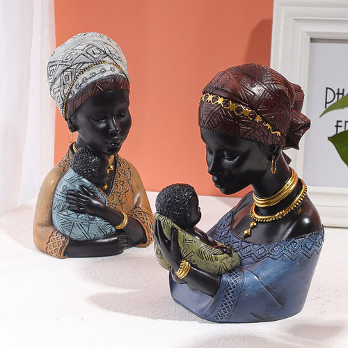 African Mother and Son Resin Statue Vintage Home Decor