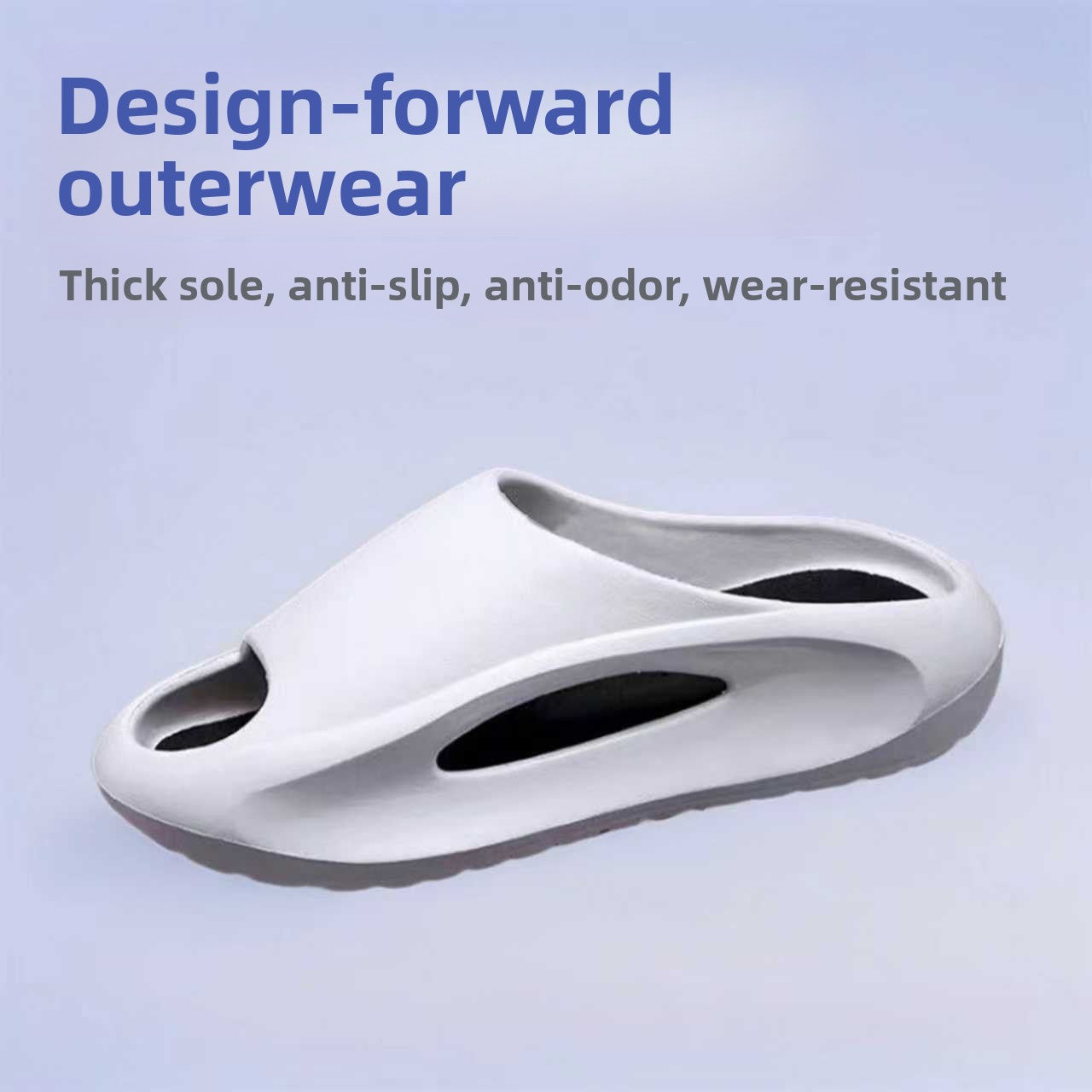 Fashionable Sports Slippers, one piece molding, anti-slip, in black, white, thick, comfortable soles for outdoor/indoor wear.