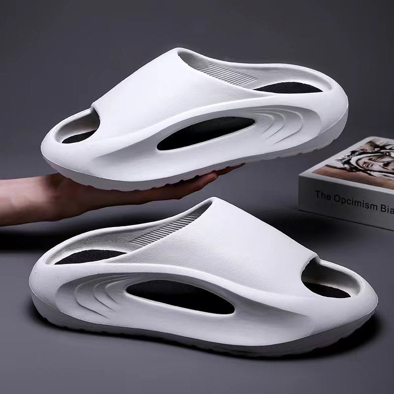 Fashionable Sports Slippers, one piece molding, anti-slip, in black, white, thick, comfortable soles for outdoor/indoor wear.