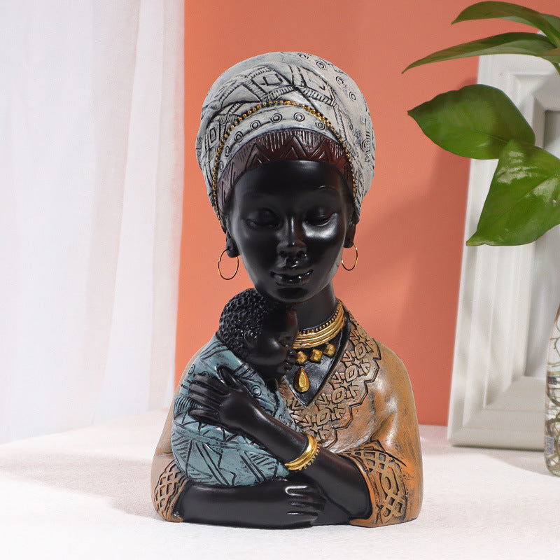 African Mother and Son Resin Statue Vintage Home Decor